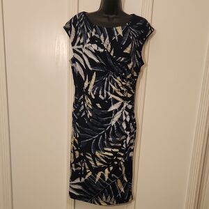 Navy Leaf-Print Twist-Detail Midi Dress